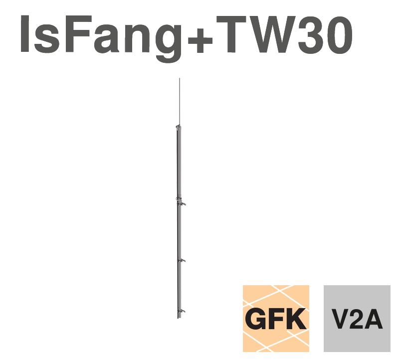 Insulated air-termination rod for isCon conductor laid outdoors, with isFang support for wall mounting TW30